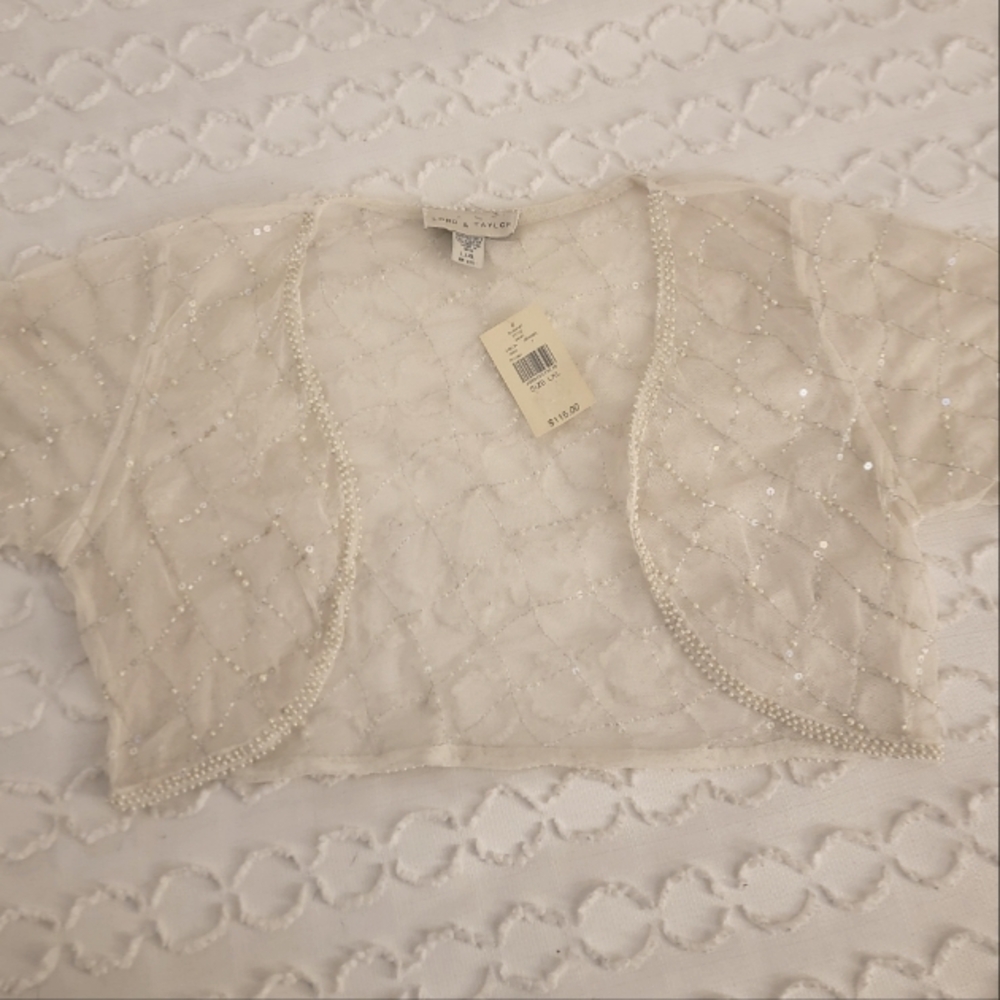 Lord & Taylor Cream Beaded Shrug Cropped Cover Short Sleeve Size L/XL